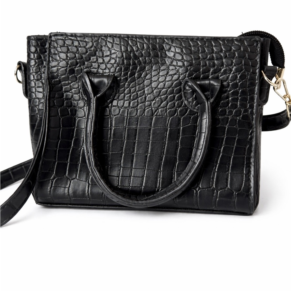 Croc-Embossed Black Mini Satchel Handbag